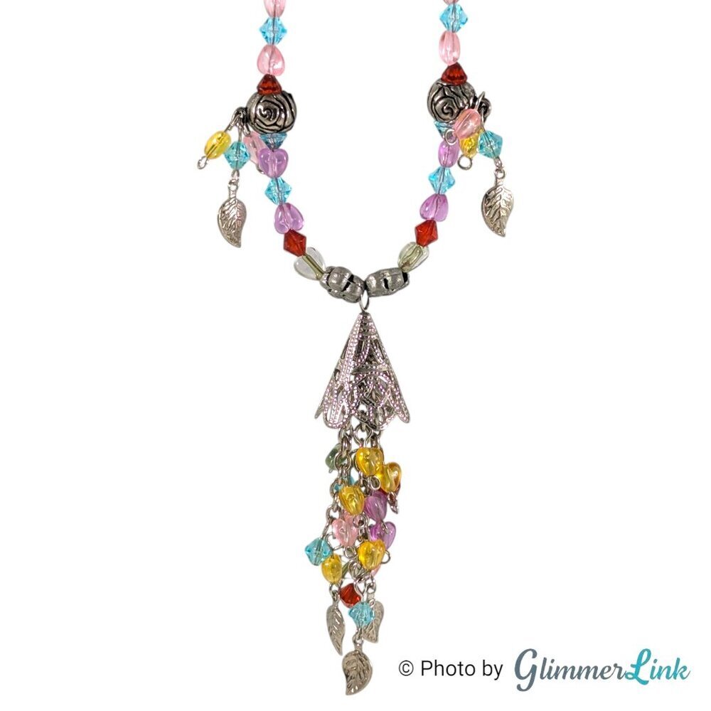 Y2K Style Multicolor Acrylic Beaded Necklace Silver Tone Tassel Pendant